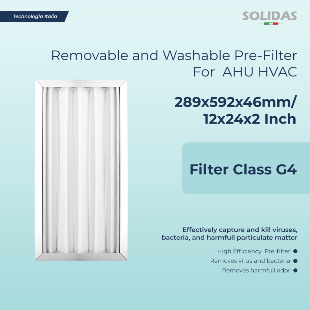 Solidas - ตัวกรองล่วงหน้าแบบถอดได้และล้างทําความสะอาดได้ AHU HVAC Class G4 - 289x592x46 mm