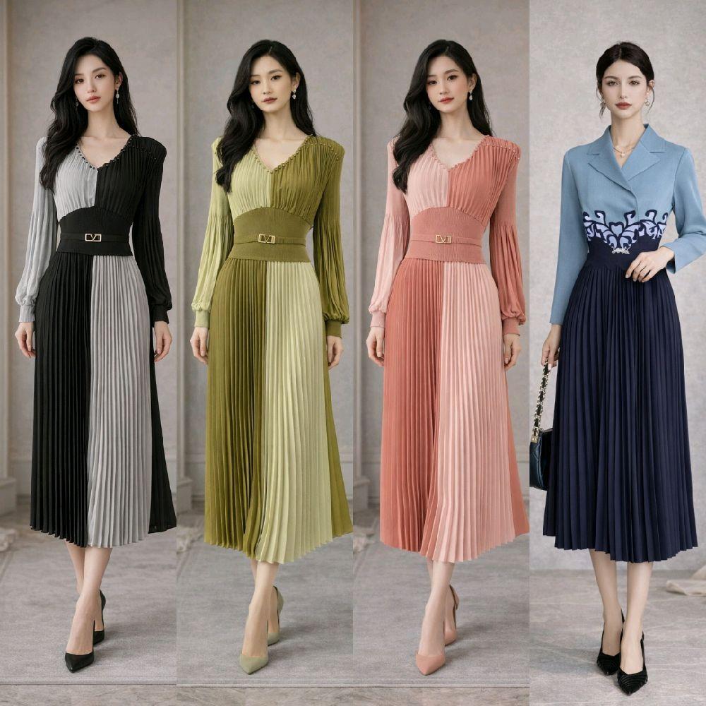 (CODE 244,370) ชุดเดรส ELEGANT PLEASE พร้อมดีไซน์ LUXURIOUS & สง่างาม | ชุดพลีทแขนยาว