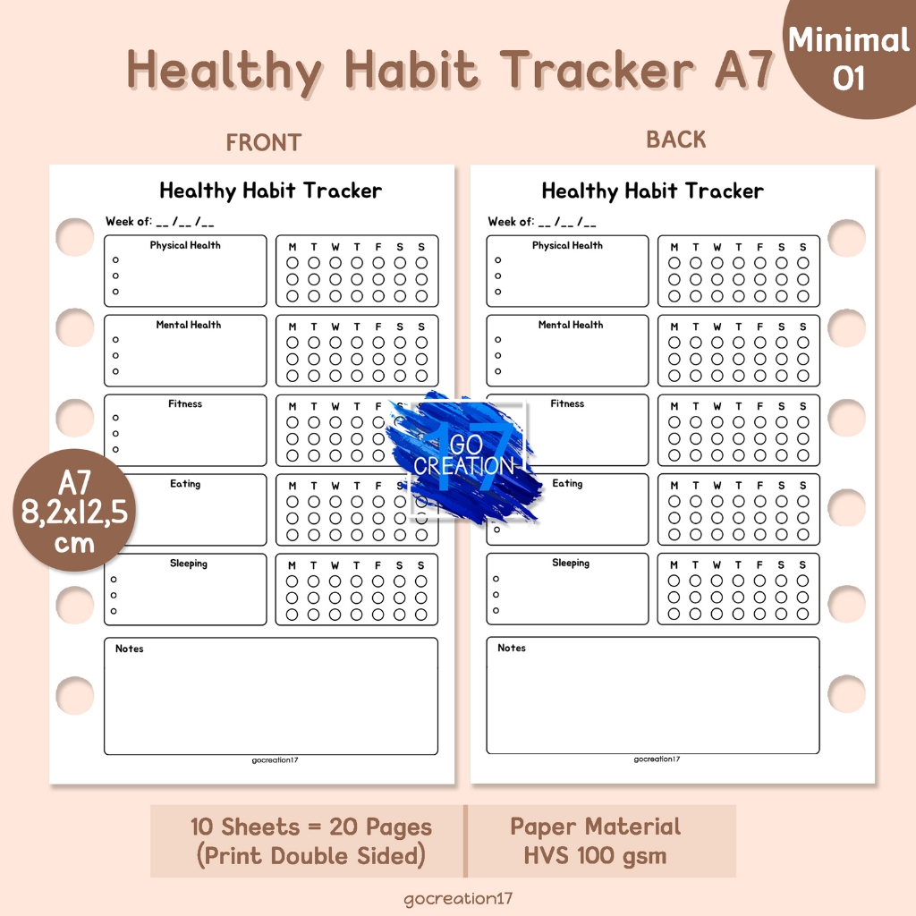 Planner Book Refill Binder Paper Healthy Habit Tracker Simple Minimalist A7