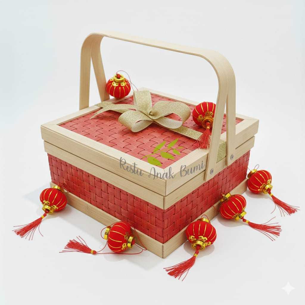 MERAH ( R25) กล่องทอไม้ไผ่สีแดง กล่องไม้ไผ่ Cangking 20cm 25cm 30cm| | จัดส่ง | กระเช้า | ภาชนะบรรจุ