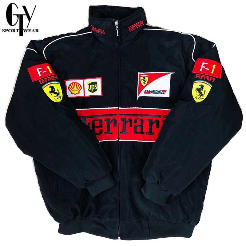 Ferrari F1 Retro Racing Jacket เย็บปักถักร้อยเต็มรูปแบบผู้ชาย Premium รถจักรยานยนต์ร่มชูชีพ Windbrea