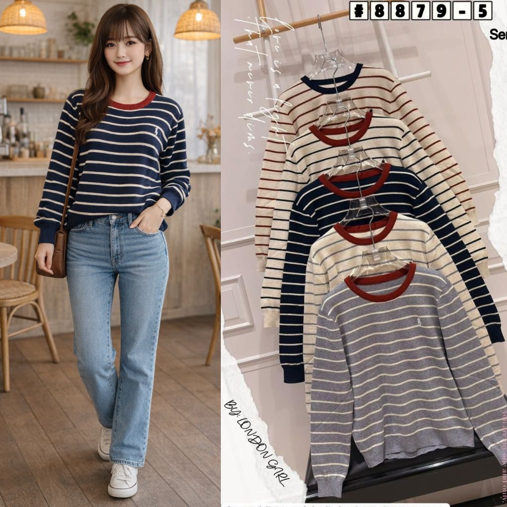 ผู้หญิง STRIPED KNIT TOP 8879-5 PREMIUM EMBROIDERED 3 สี COMBINATION LATEST แฟชั่นABLE