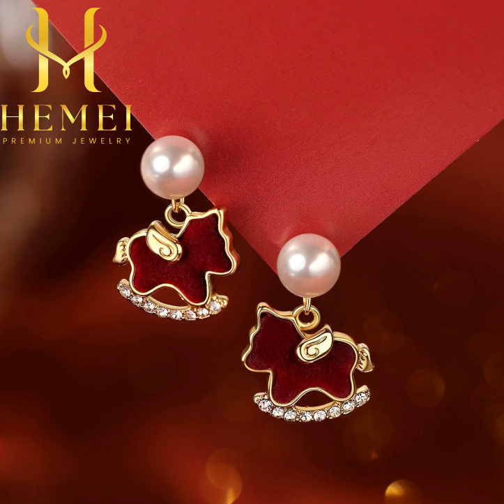 MERAH HEMEI E01 HORSE EARRINGS RED EARRINGS จีนปีใหม่ NUANCE แฟชั่นสตรี EARRINGS