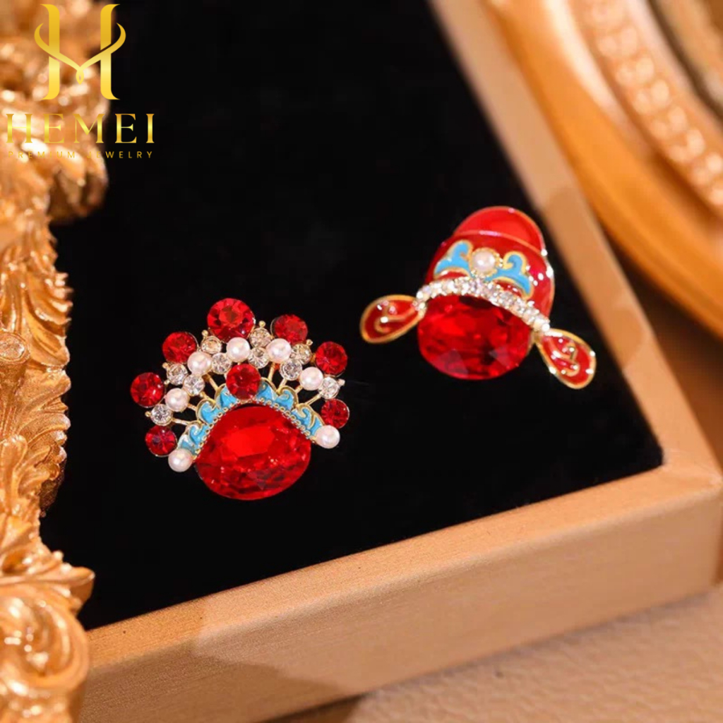 MERAH HEMEI E04 OPERA PEKING CNY MASK EARRINGS RED EARRINGS NEW YEAR CNY NUANCE แฟชั่นสตรี EARRINGS