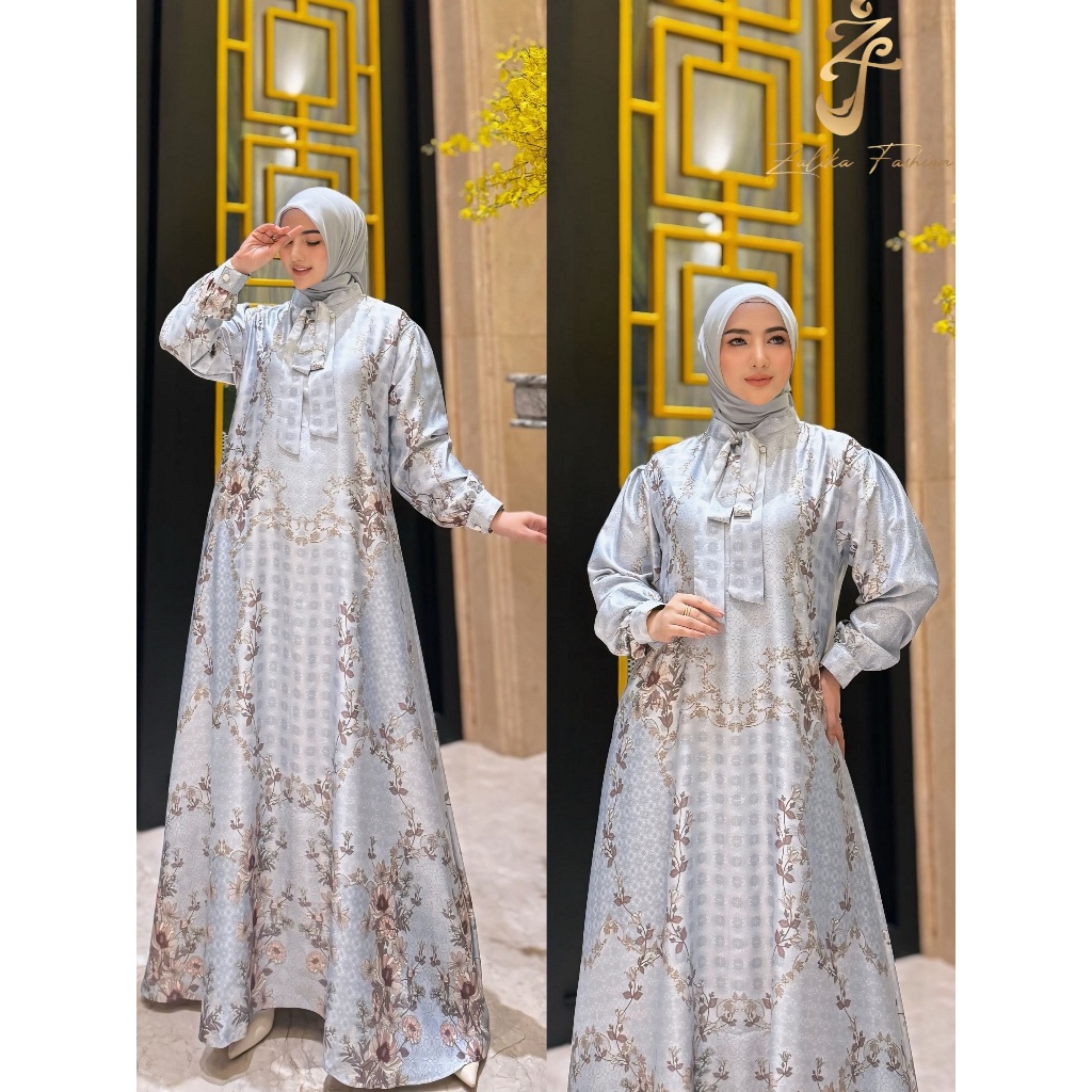 Zalika Fashion - Gamis Sulltan Alisa Dress Material Almeera Silk Premium Printing Gamis Raya Edition