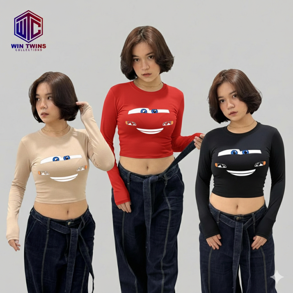 WIN TWINS Mcqueen เสื้อครอปแขนยาว - เสื้อครอปผู้หญิง - เสื้อยืดผู้หญิงแขนยาว เสื้อครอป - เสื้อเข้ารู