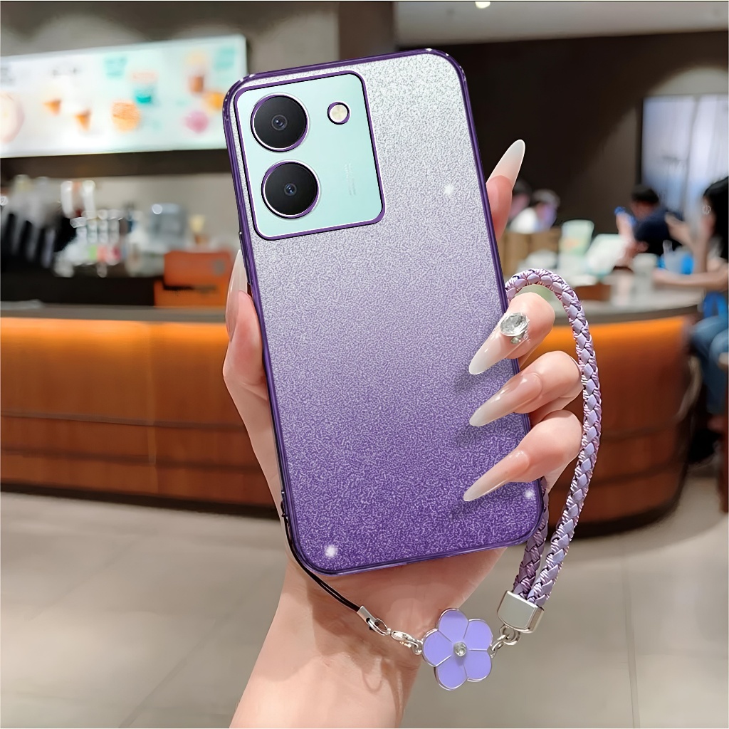 Softcase Vivo Y27 Y27s Y36 5G เคสหรูหราซิลิโคน Glitter ฟรีเชือกเส้นเล็กดอกไม้