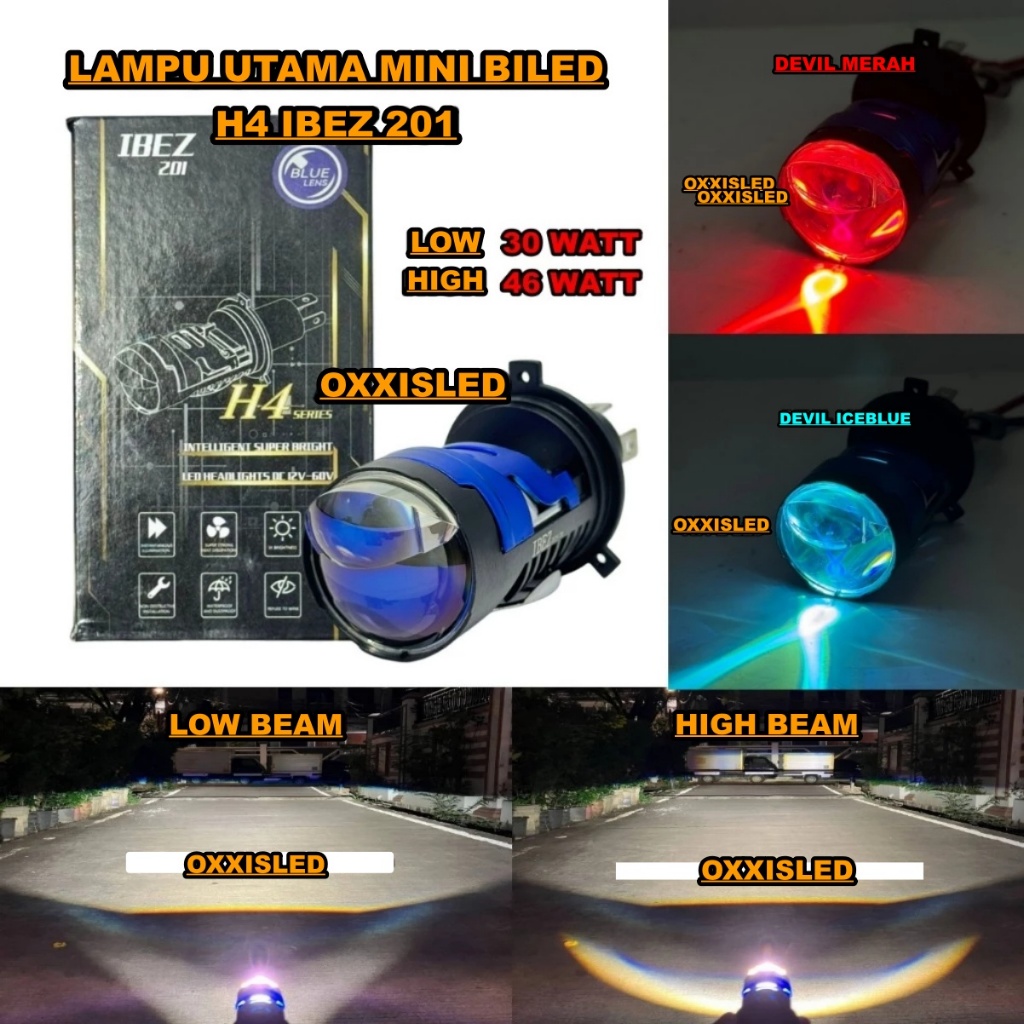 IBEZ Mini Bi-LED โปรเจคเตอร์ไฟหน้า H4 201 เลนส์สีฟ้าพร้อมพัดลมระบายความร้อน & Demon Eyes Super Brigh