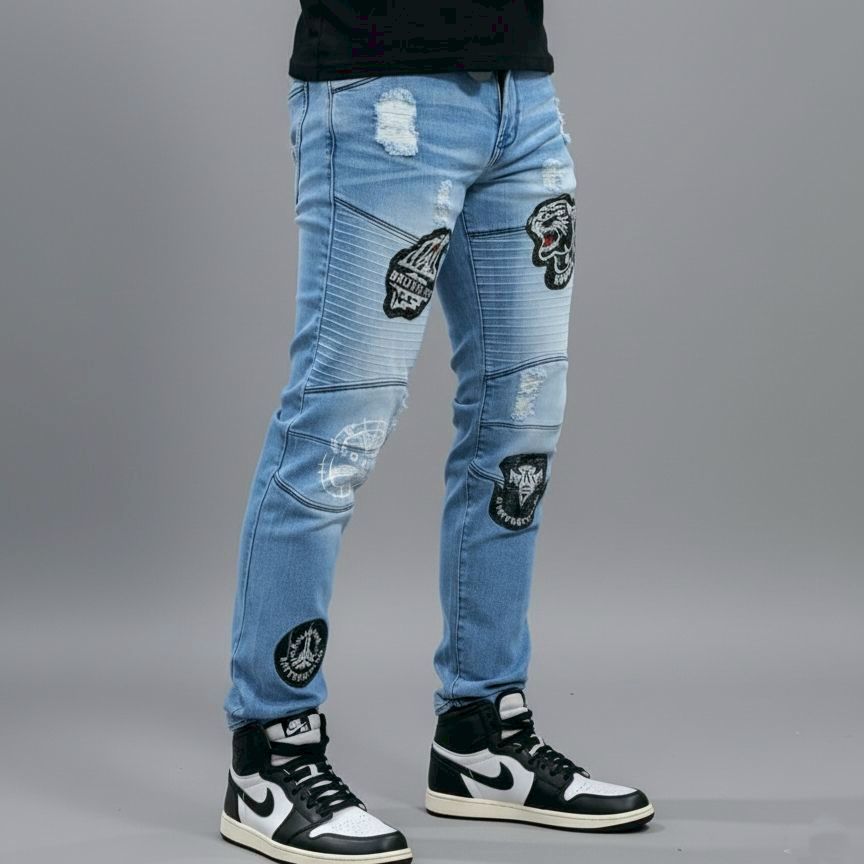 EMBLEM BIKER JEANS STREET JEANS LAST MENS EMBROIDERED BIKER JEANS