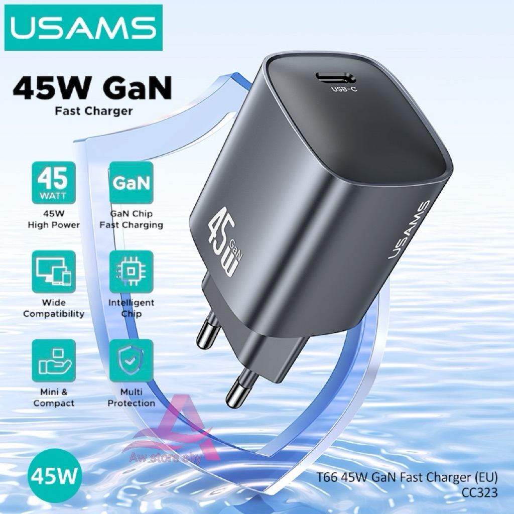 USAMS Adapter Charger 45W GaN PD Super Fast Charging USB-C EU Plug Original High Power Adaptor 45W 3