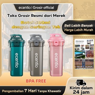 ecentio botol minum aesthetic olahraga Motivasi Portable Bening botol plastik tumbler 500ml cup minuman hadiah murah Kantor Sekolah BPA FREE dengan saluran teh Sport Anti Bocor Botol Transparan Free Hand Lanyard barang unik lucu