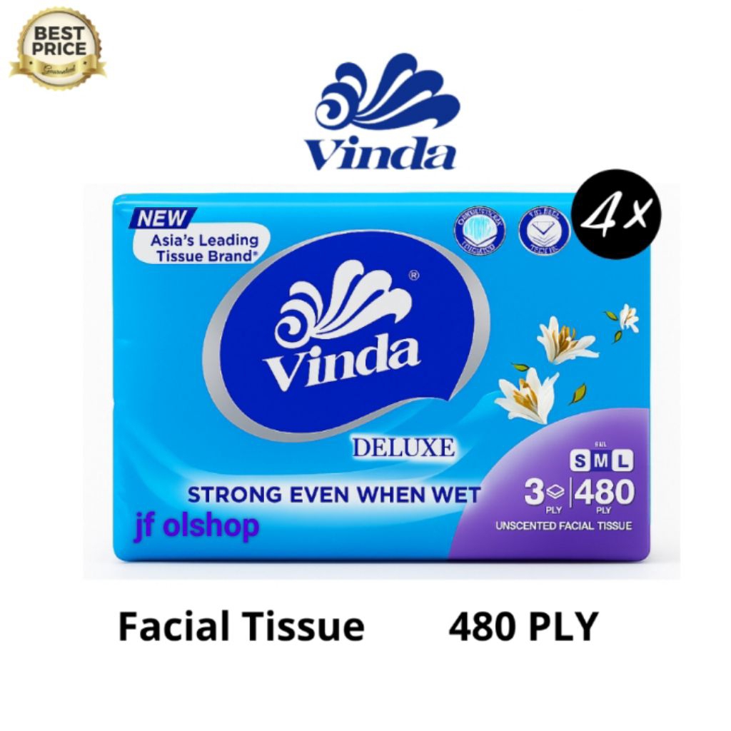 | 4ชิ้น | Vinda deluxe M face soft Pack 480ply ทิชชู่ 3 ชั้น - กระดาษเช็ดหน้า mini Pack