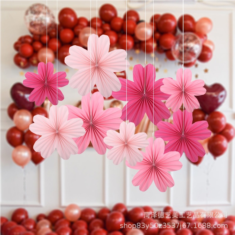 MERAH ใหม่ Paperfan ชุด 9 ดอกไม้พัดลม Party ตกแต่งพัดลมกระดาษจีนปีใหม่สีแดงสีขาวทองตกแต่ง Paperfan B