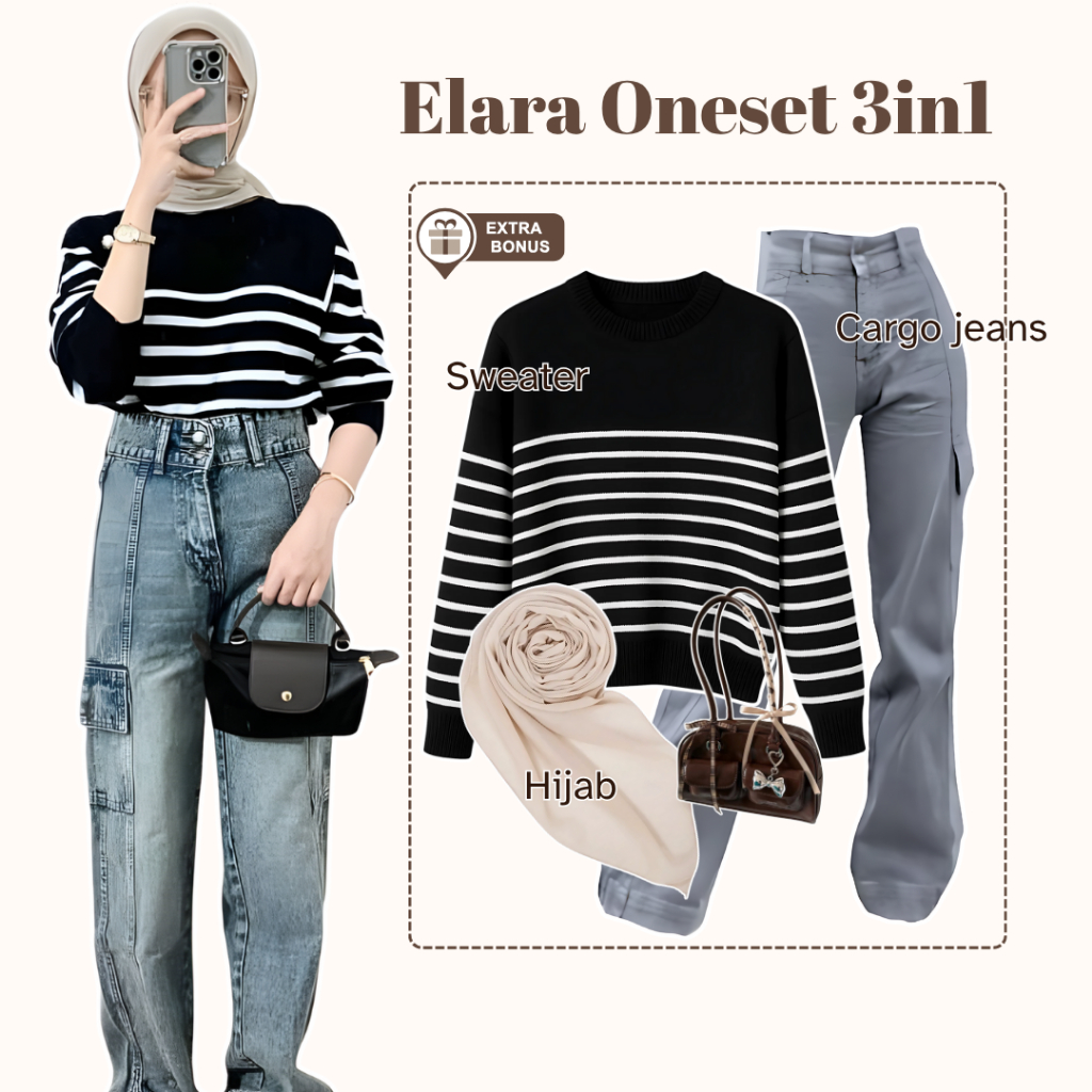 Oneset One ชุด 3in1 hijab ชุดเสื้อกันหนาวลูกเรือคอแถบกางเกงกางเกงยีนส์ culottes hijab Square bella S