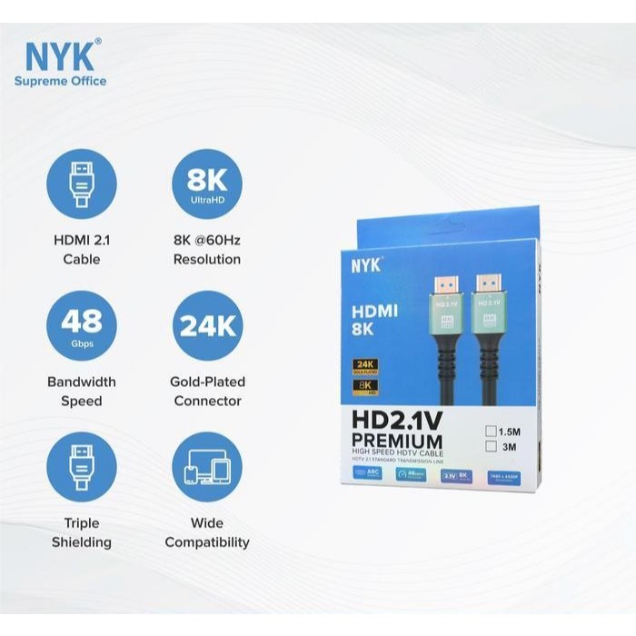 สาย HDMI 3 เมตร 8K NYK HD2.1V ชุบทอง 24K พรีเมี่ยม