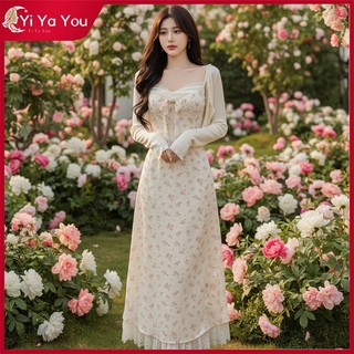 Setelan Long Dress Floral Vintage Renda Lembut Style Korea - dress korea dress wanita elegan dress bunga K060