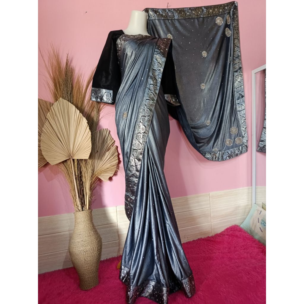 เสื้อผ้า INDIAN/ LUXURIOUS SILVER WRAPPED SAREE FULK SEQUIN/ น้ําหนักที่สวยงาม