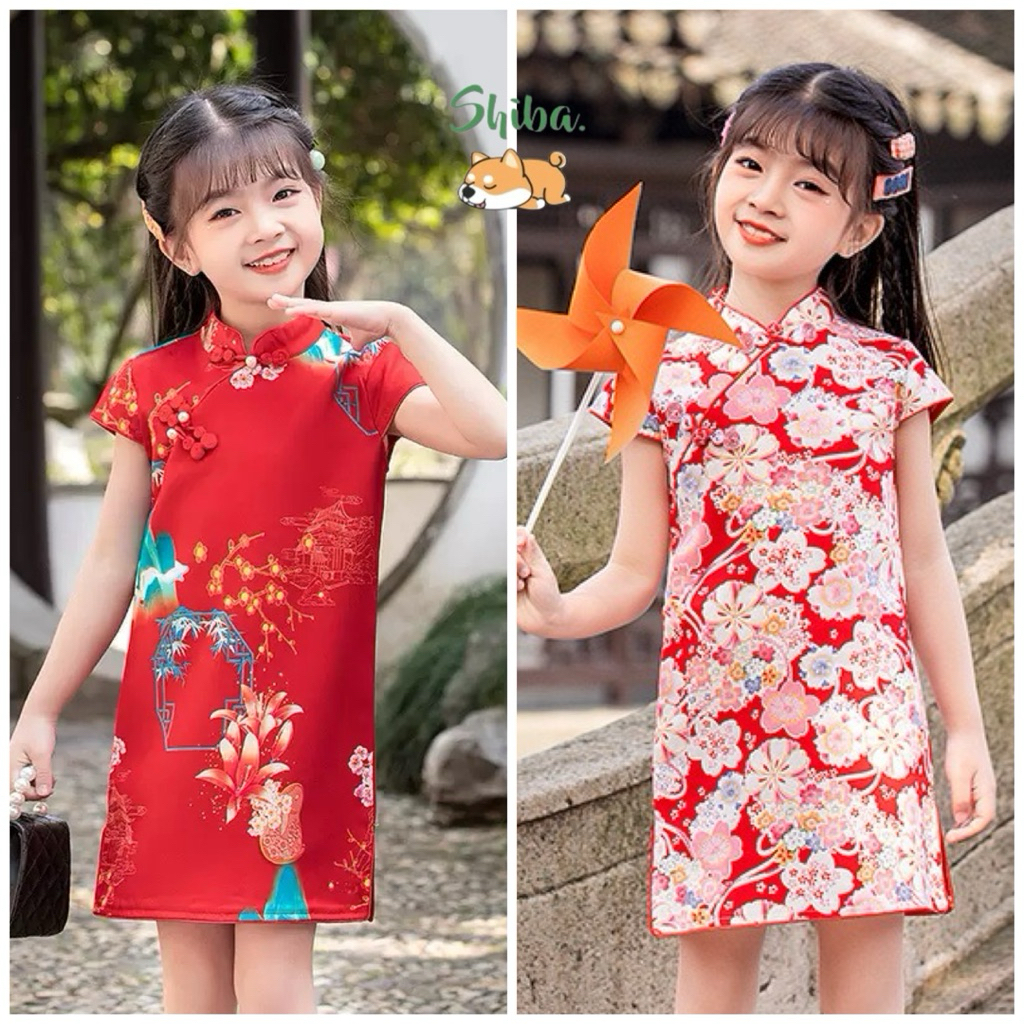 MERAH (1-10 YEARS) นําเข้าชุดกี่เพ้าปีใหม่จีนสําหรับเด็กผู้หญิงลายดอกไม้สีแดงและเชอร์รี่