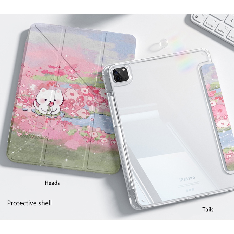 MERAH White Cat in the Landscape of the Pink Flower Fold 3+Y Y Shape, เคส iPad คุณภาพดีที่สุด, เหมาะ