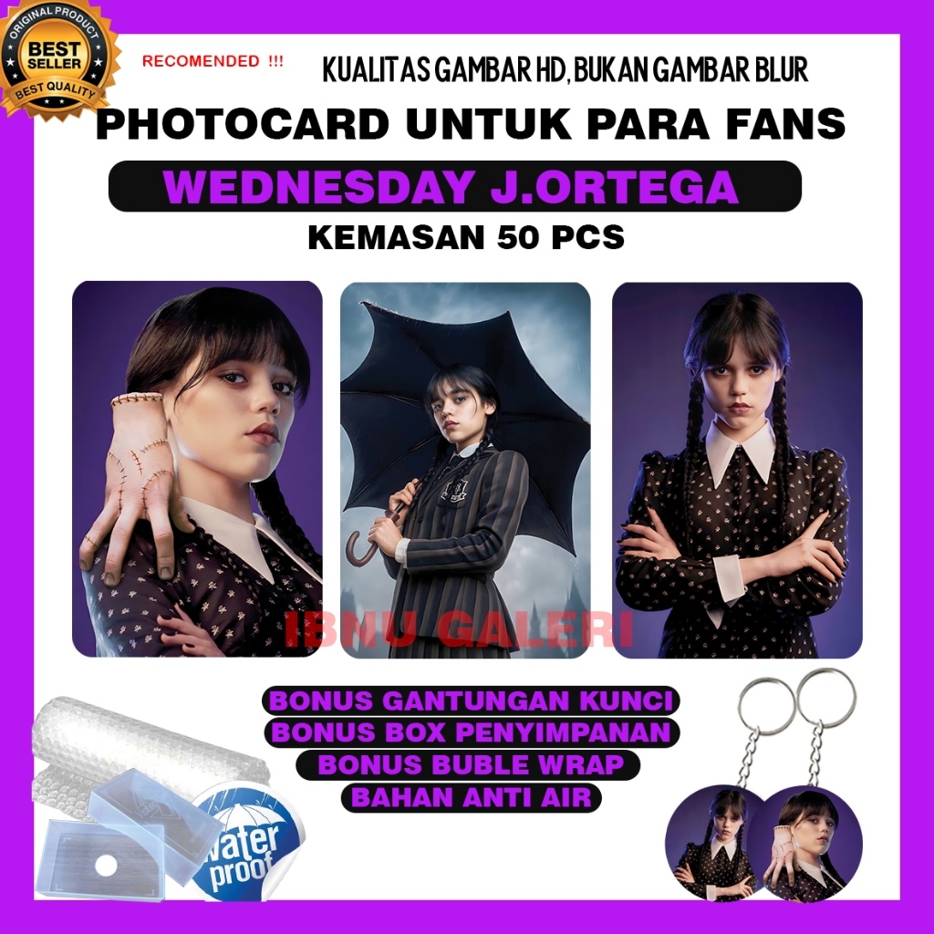 GANTUNA "ฟรีพวงกุญแจ" โฟโต้การ์ด WEDNESDAY JENNA ORTEGA 50 ชิ้น marchendise, IBNU
