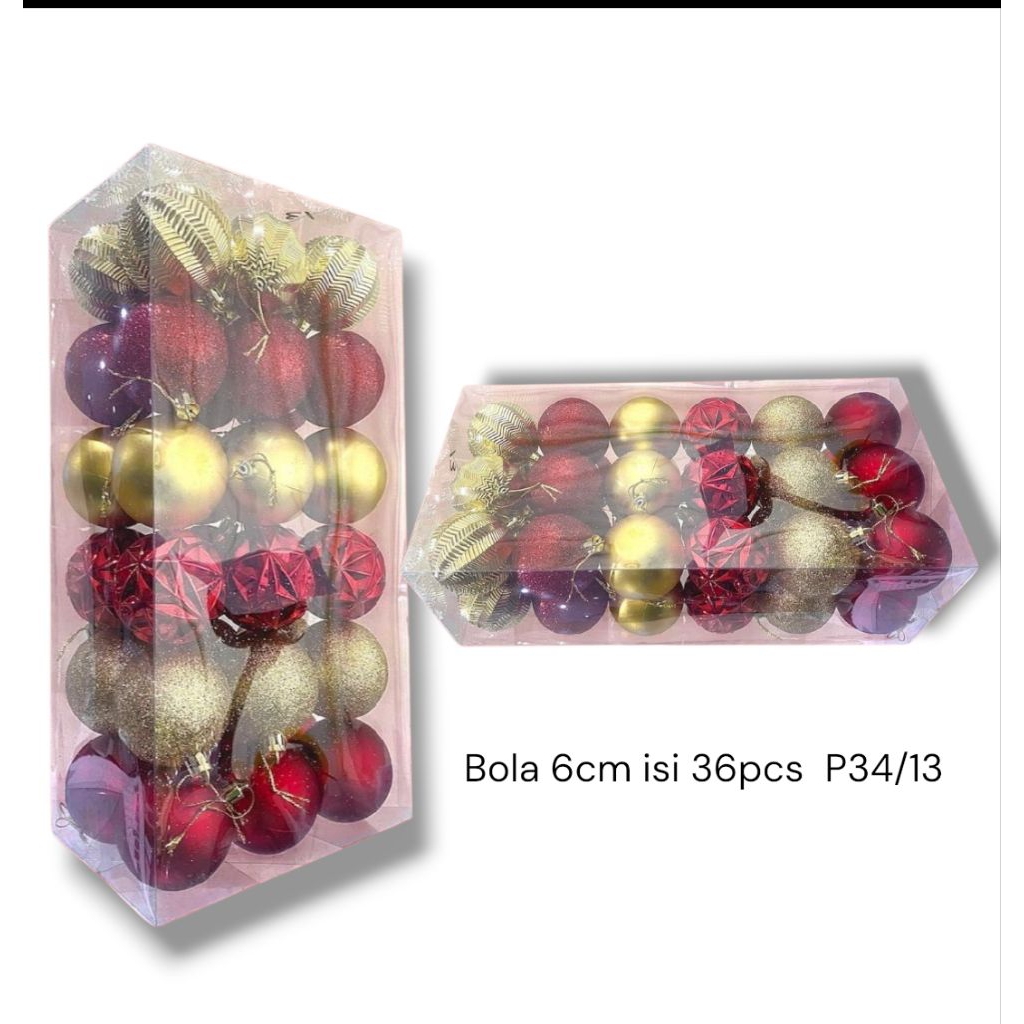 MERAH 6cm Ball บรรจุ 36 Red Gold P34/13 - Christmas Ball - ตกแต่งคริสต์มาส - บอล 6 ซม. - บอลสีแดง - 