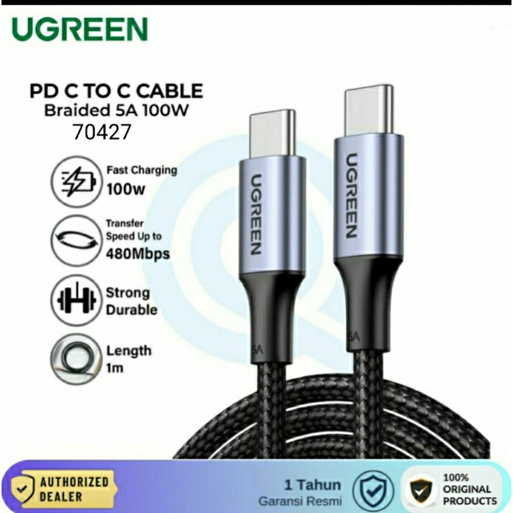 UGREEN 70427 Type C ถึง Type C PD 100W 4.0 5A 1M สายเคเบิลข้อมูลแบบถักชาร์จเร็วสุด
