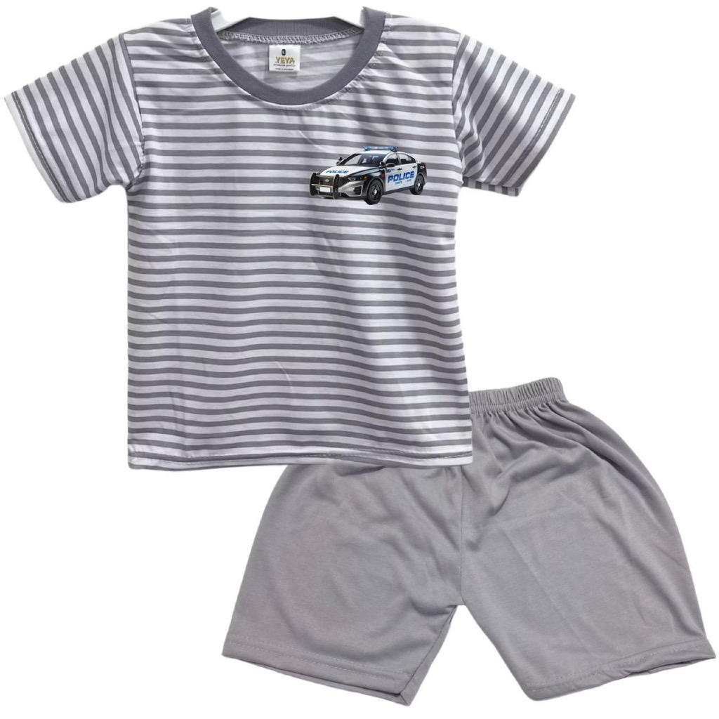3S YEYA - เสื้อยืดแขนสั้นแฟชั่นลายทางสําหรับเสื้อยืดแขนสั้น L0G0 P0LICE CAR