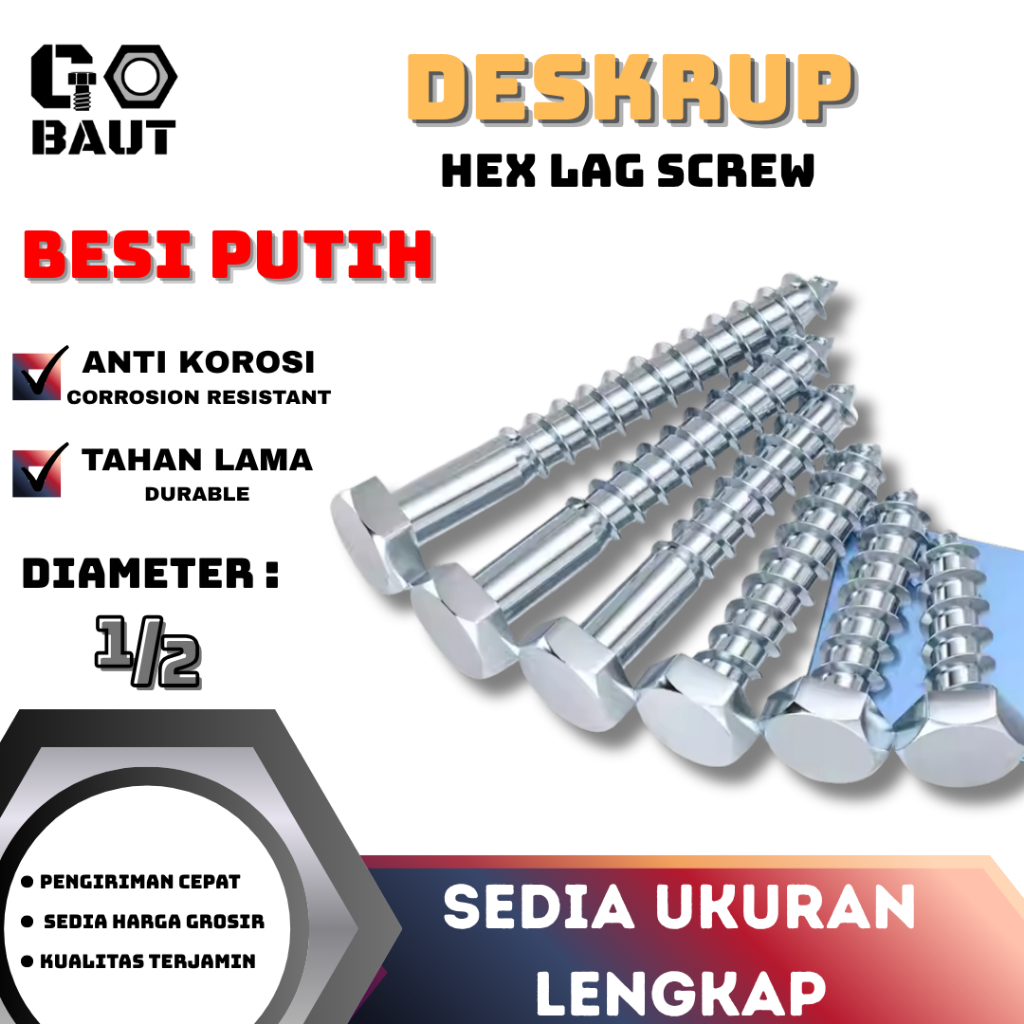 Hex Lag Screw / Desckrew / Deskrup / Wood Screw Bolt (สีขาว) 1/2"