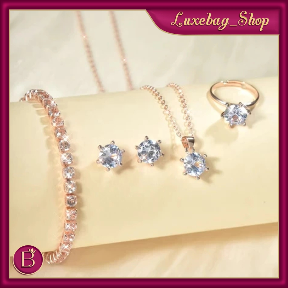 LB - 5 ชิ้นชุดเครื่องประดับเพทายสร้อยคอสร้อยข้อมือแหวนต่างหู 4in1 แฟชั่นยุโรปและอเมริกาเครื่องประดับ