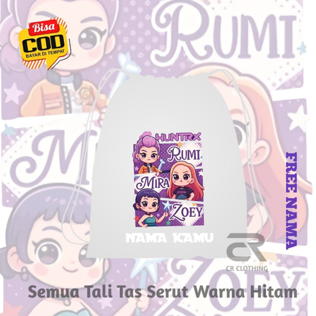 HUNTRIX KPOP DEMON HUNTERS CHILDRENS DRAWSTRING BAG RUMI, ZOEY, MIRA STRING BAG, COMFORTABLE MULTIPU
