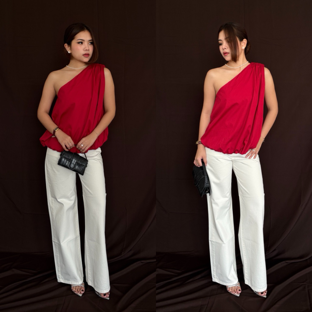 VALAYA TOP เสื้อเบลาส์ผู้หญิง ท็อปผู้หญิง ไหล่เดียวสีแดง