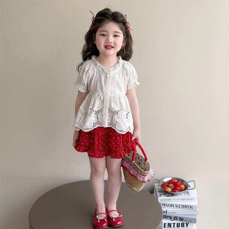[KIDSFASHIONCOLLACTION] 2043 & 3026 Redsika Collar Ruffle Ribbon + Fluffy Ruffle Pants ชุดสีขาว