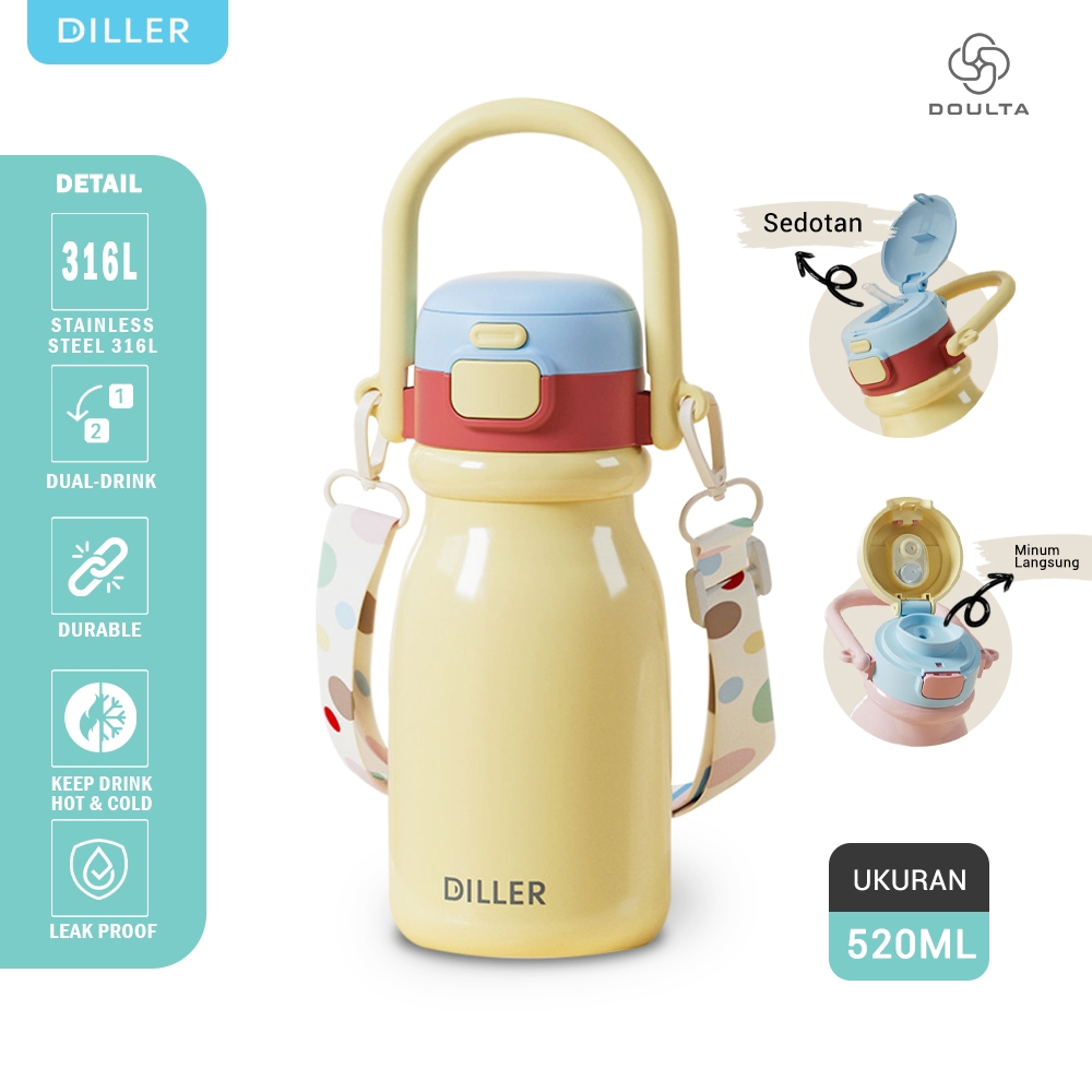 Diller Carry Bottle 316L Stainless Steel Tumbler Premium Drinking Bottle 520ml Leak-Proof Sip and St