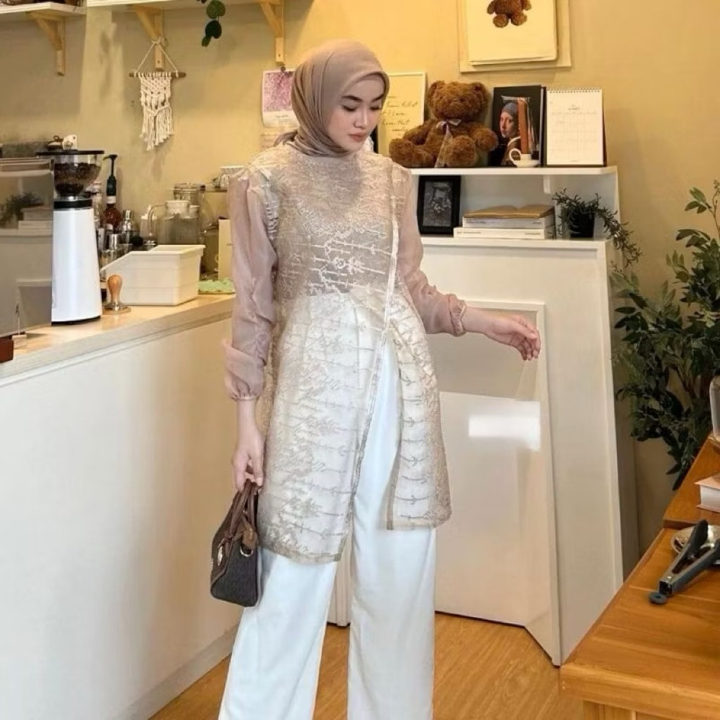 [Serana Ofc] Haico Vest Brukat Organza Hiruna แขนยาว Cross Pearl เลื่อม Tunic Jiza Zize Eid คําเชิญ