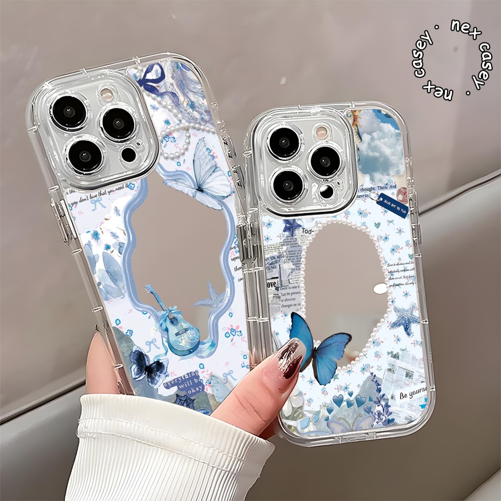 CASE CASING MIRROR CLEAR BLUE BUTTERFLY MOTIF COMPATIBLE สําหรับ REALME 5 5i 11 12 14 14T 15 C1 C2 C