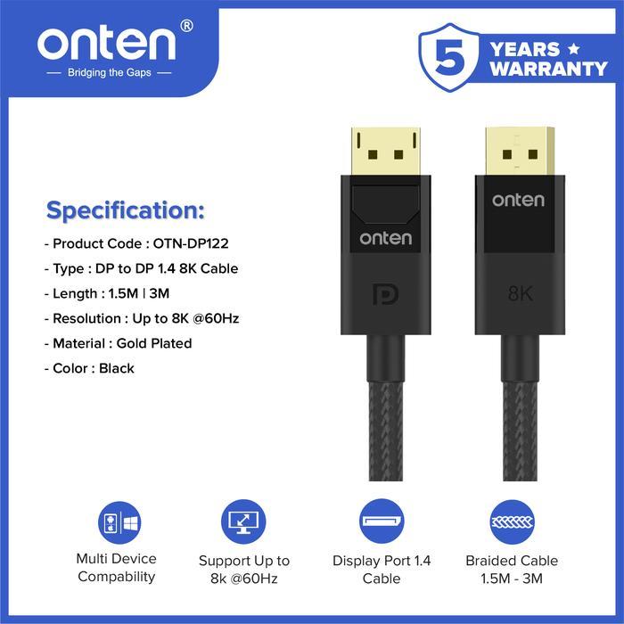 Onten Cable DP TO DP Display Cable Port 1.4 8K @60Hz ความยาว 1.5M และ 3M Ultra High Speed Multi Devi