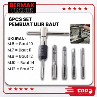 ASTEEL Tap Wrench Set Alat Metrik Alat Pembuat Drat Hand Tap Set M5 - M12 Adjustable 6 PCS - Alat Tap Set Senai / Set Tap / 6 Pcs Hand tap set Alat Snai dan Tap Ulir Baut Senei hand tap set kunci pas set Pro Mati M5-M12 Baut Mur Peralatan Tangan