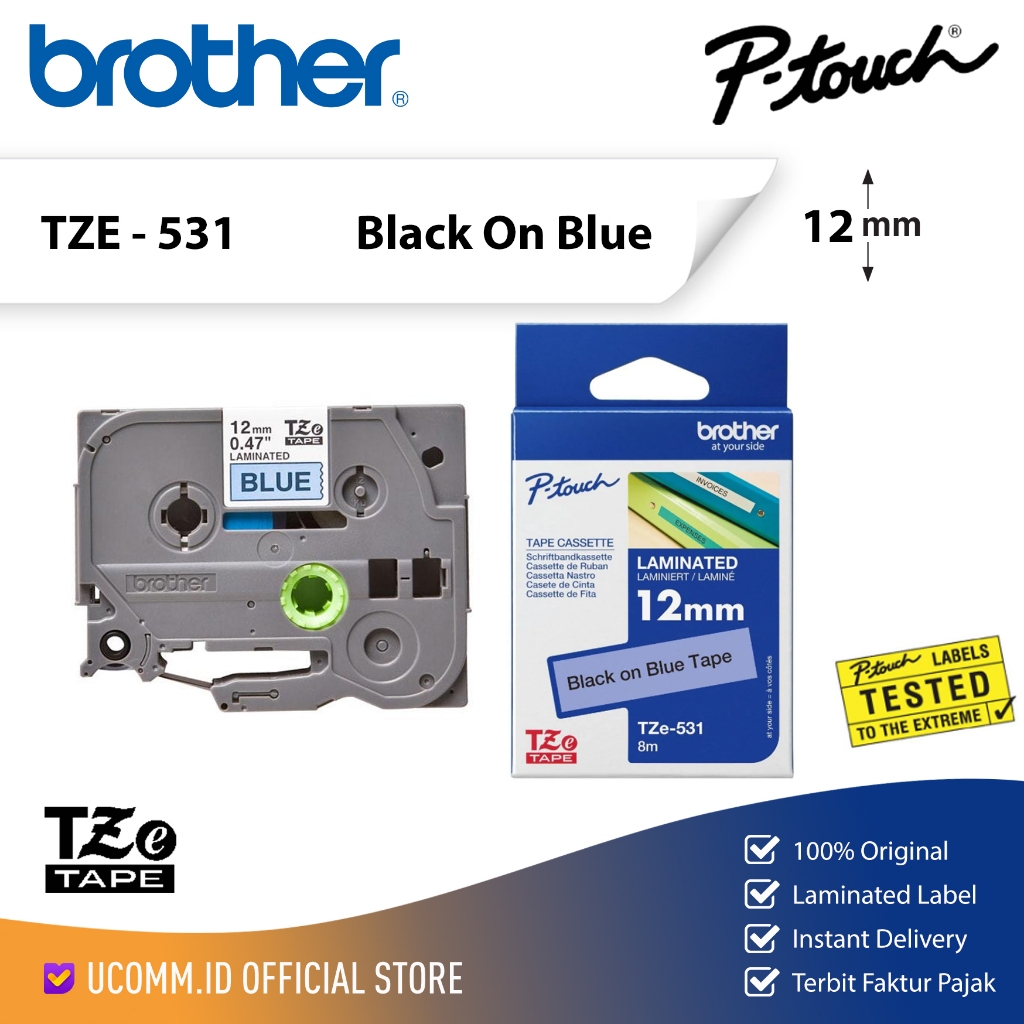 Brother Label Tape TZE 531 Black On Blue 12mm Label Tape Pritner PT Brtoher Tze531 Tze 531 Blue 12 m