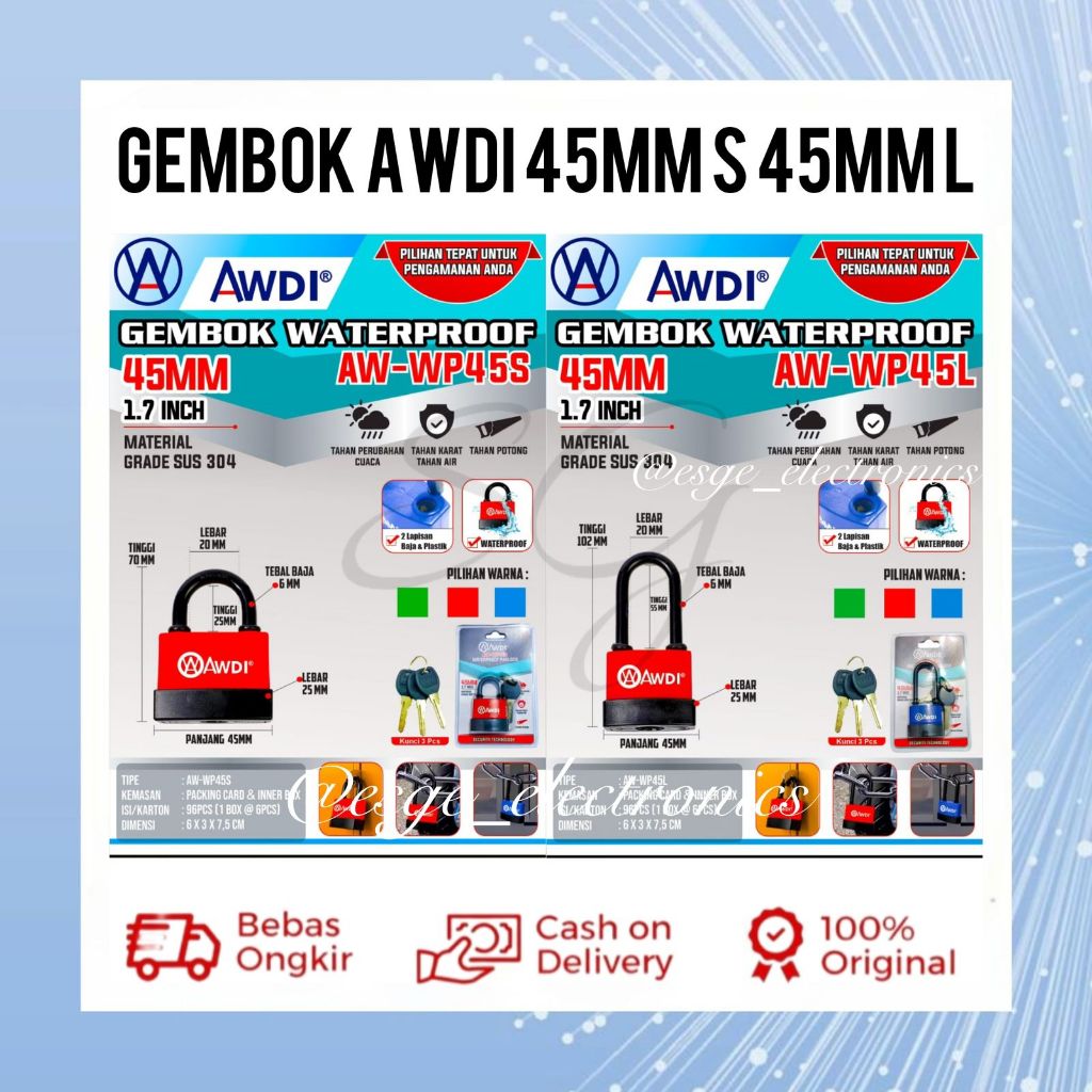 ORIGINAL AWDI PADLOCK 45 มม.สั้น 45 มม.ยาวตัดความต้านทาน RUST RESISTANT WEATHER RESISTANT น้ํา SUS 3