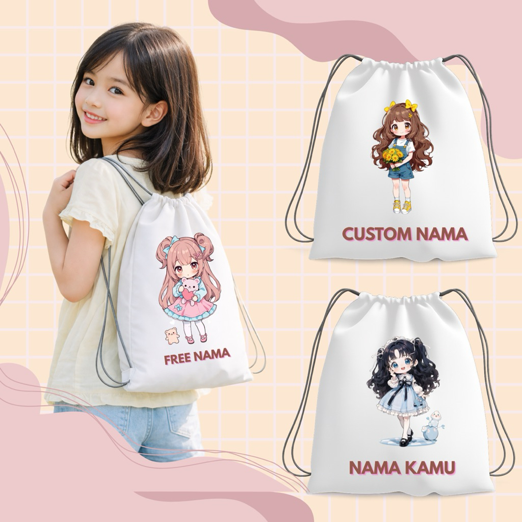 GIRLS DRAWSTRING BAG WITH CUTE CHARACTER ANIME CARTOON KWAII พิมพ์สกรีนชื่อฟรี