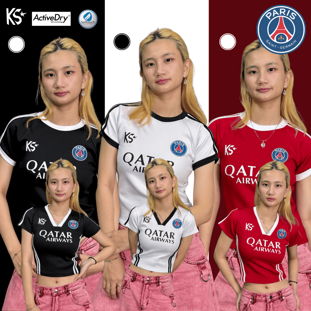 ใหม่ Slim Fit & V คอ Stripe PSG Crop Scuba Sport PRO Active Dry เสื้อยืดเข้ารูปสําหรับผู้หญิง Kashit