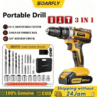 SOARFLY 20V Mesin Bor 2Baterai Bor Tanpa Kabel Bor Listrik Impact Baterai Obeng Dinding 3 Mode Obeng Palu Mata Bor