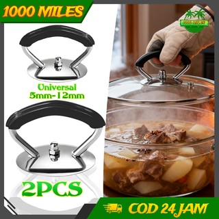 2pcs Pegangan Tutup Panci Universal Stainless Steel Cocok Gagang Anti Panas Silikon Anti Uap Hitam