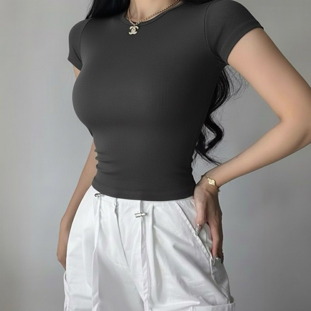 PLATINUM WORLD เสื้อครอปถักธรรมดา O คอ Fit Body - เสื้อเชิ้ตธรรมดาผู้หญิง V2