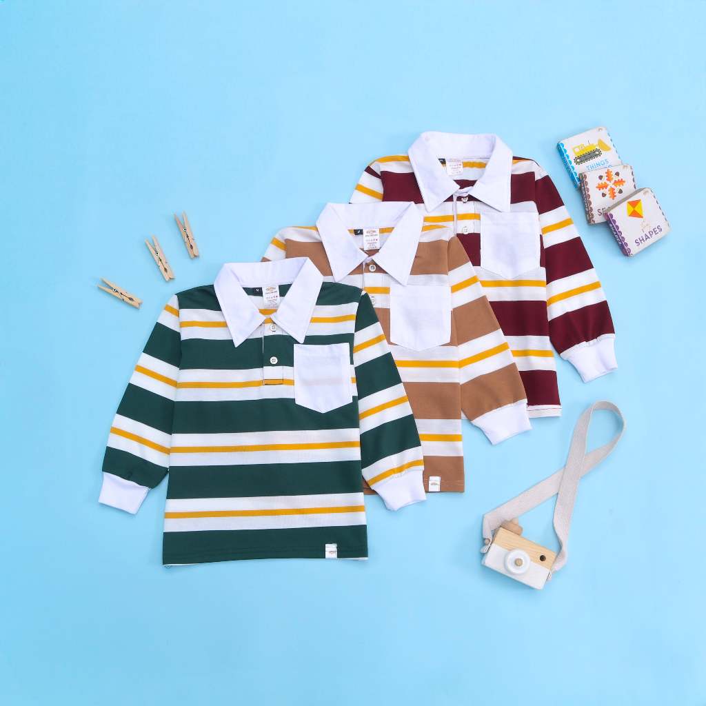 Yameena.Kids Boys Rugby Pocket T-Shirt Childrens Tops เสื้อยืดแขนยาว