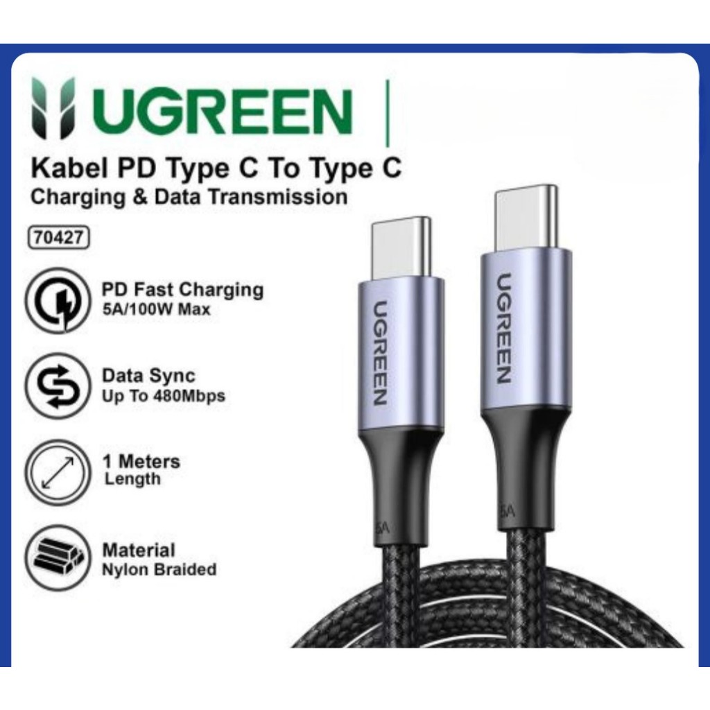 Ugreen 70427 PD 100W Data Cable 1m USB Type C to Type C Power Delivery Data Cable Nylon