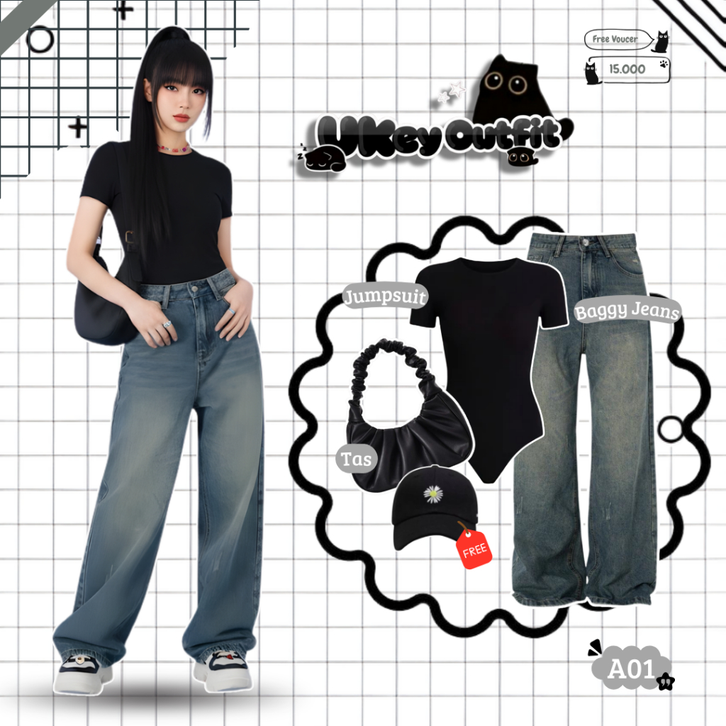 One Set 3in1 Ukey ชุดสําหรับผู้หญิง - [Baggy Jeans + บอดี้สูท + กระเป๋า] แถมหมวกสีดํา B04