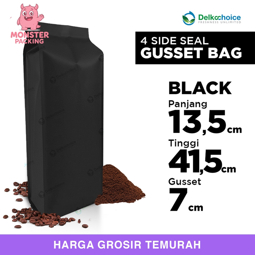 Metalizing Gusset Bag 4 Side Seal Foil 13.5x41.5cm Black Coffee Beans Coffee Bag DELKOCHOICE