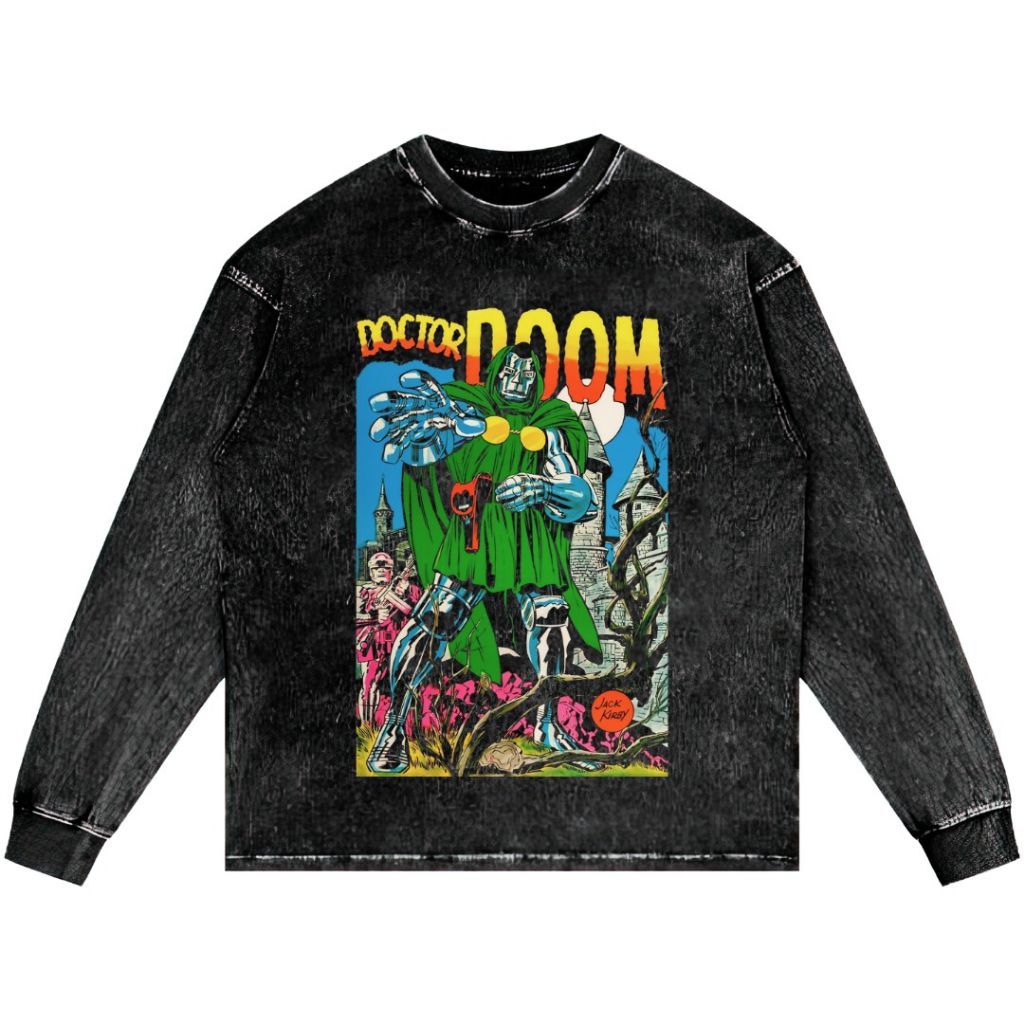 DOCTOR DOOM LONG SLEEVE STONE WASH OVERSIZED เสื้อยืด VINTAGE TEE UNISEX TOP COMICS CLOTHES