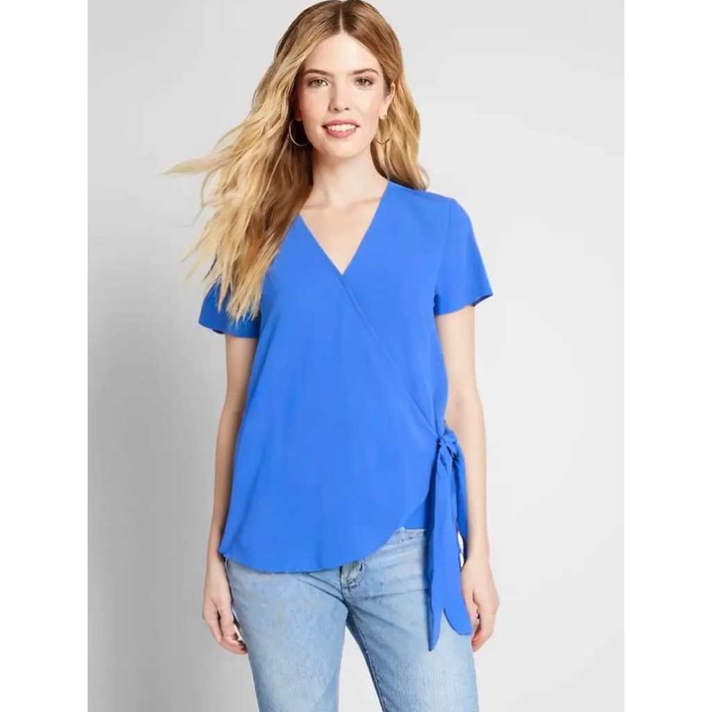 เสื้อเบลาส์ผู้หญิง / เสื้อท็อปสตรีสวยๆ / VLN v คอห่อ เสื้อเบลาส์ข้างผูกโบว์ (สีน้ําเงิน)